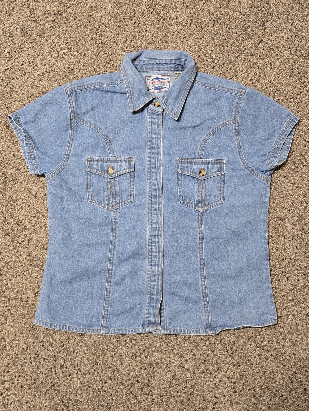 Vintage 90s Andrew's Blues Denim Shirt Women's M Short Sleeve Cotton Union Made